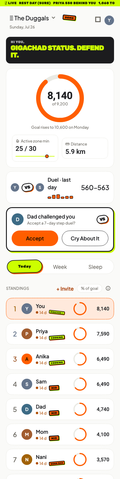 The Race tab: live standings, a duel, and a challenge from Dad
